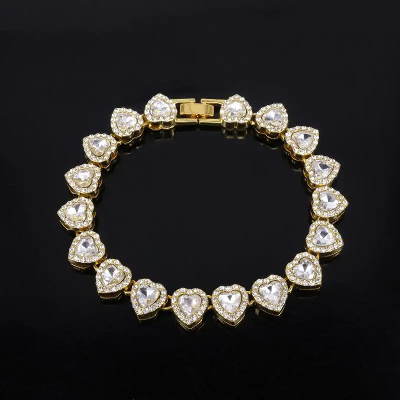 45CM New Hip Hop Tennis Chain Bracelet Necklace Shiny Heart Rhinestone CZ Fashion Rock Party Jewelry Oasis Select Gold Bracelet 20cm