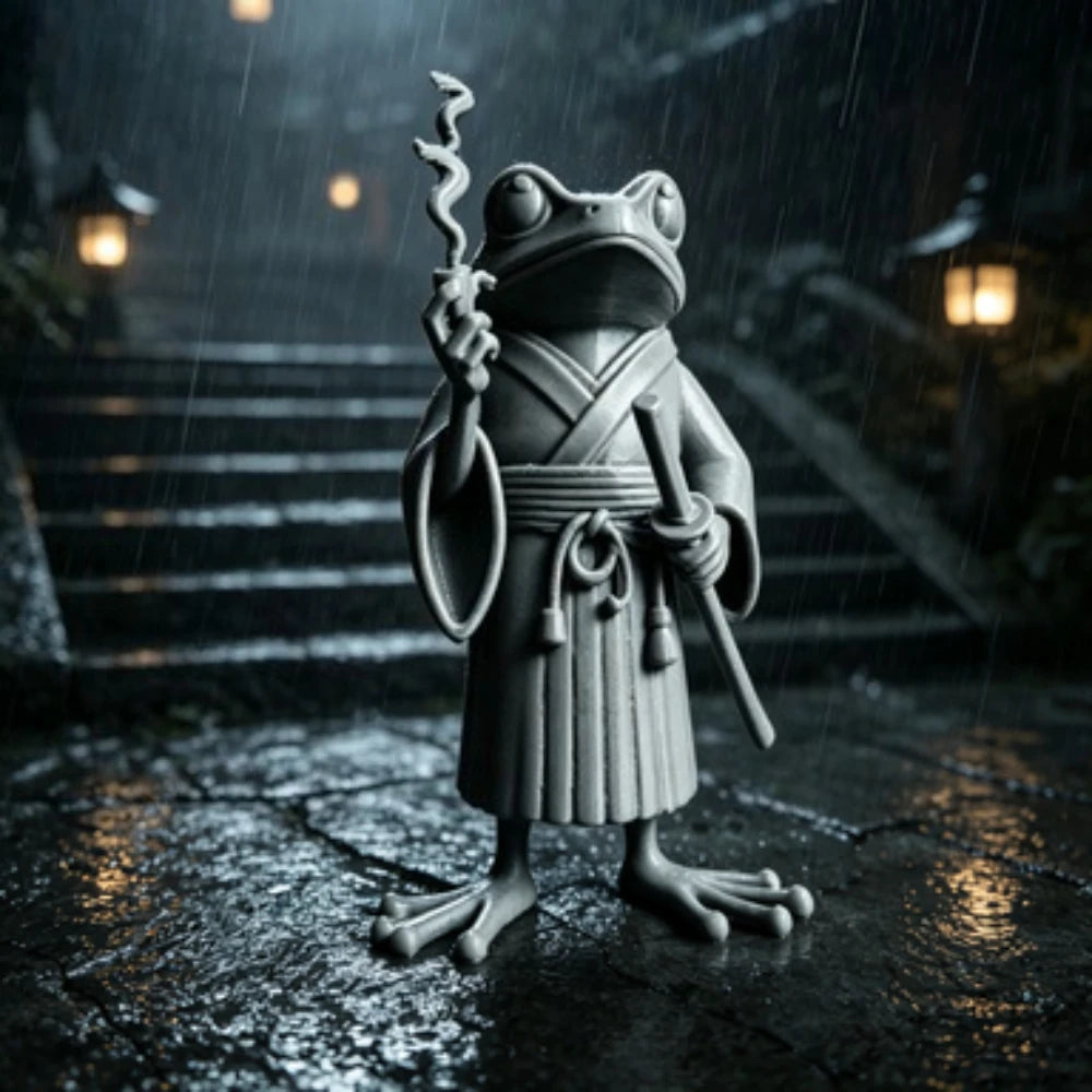 Samurai Frog Statue with Cigarette Pipe Cool Ronin Warrior Frog Figurine Novelty Office Desktop Decor Unique Collectible Gift Oasis Select