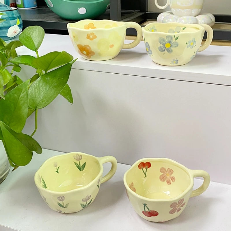 Ceramic Mugs Irregular Flower Coffee Milk Yellow Hand Pinched Cups Cute Korean Style Oat Breakfast Juice Black Tea Kawaii Cup Oasis Select