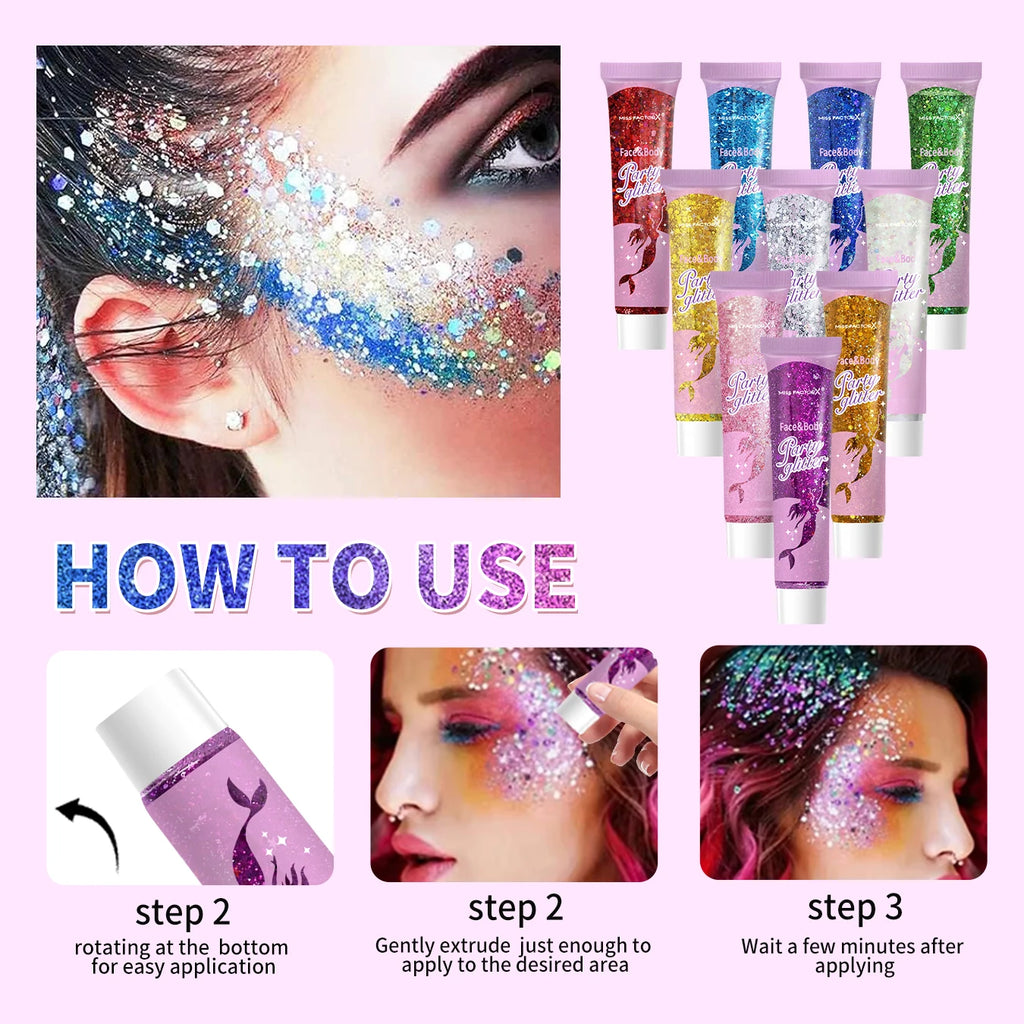 10 piece body glitter gel, carnival face glitter cosmetics suitable for women, shiny thick hair glitter, carnival accessories fo Oasis Select