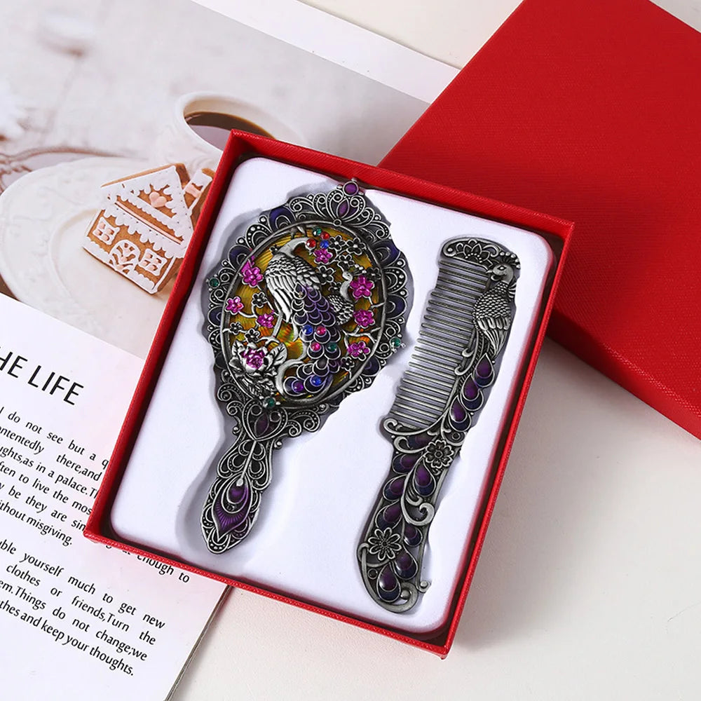 Peacock Embossed Metal Vanity Mirror & Comb Set – 2 Pcs Vanity Mirror Set Oasis Select OldTin