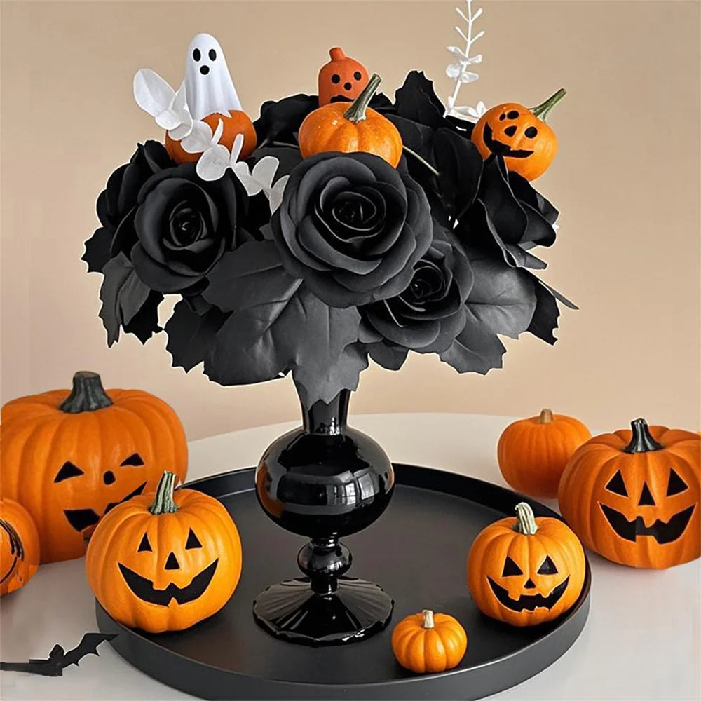 Halloween Black Artificial Rose Flowers Dark Horror Gothic Black Simulated Flower Bouquet for Home Wedding Party Halloween Decor Oasis Select