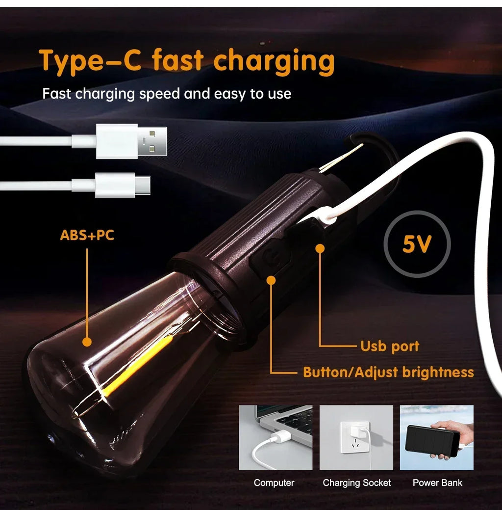 Portable LED Camping Light Type-C Charging Warm Light Camping Lamp with Hook Waterproof Lighting Lantern for Hiking Fishing Oasis Select