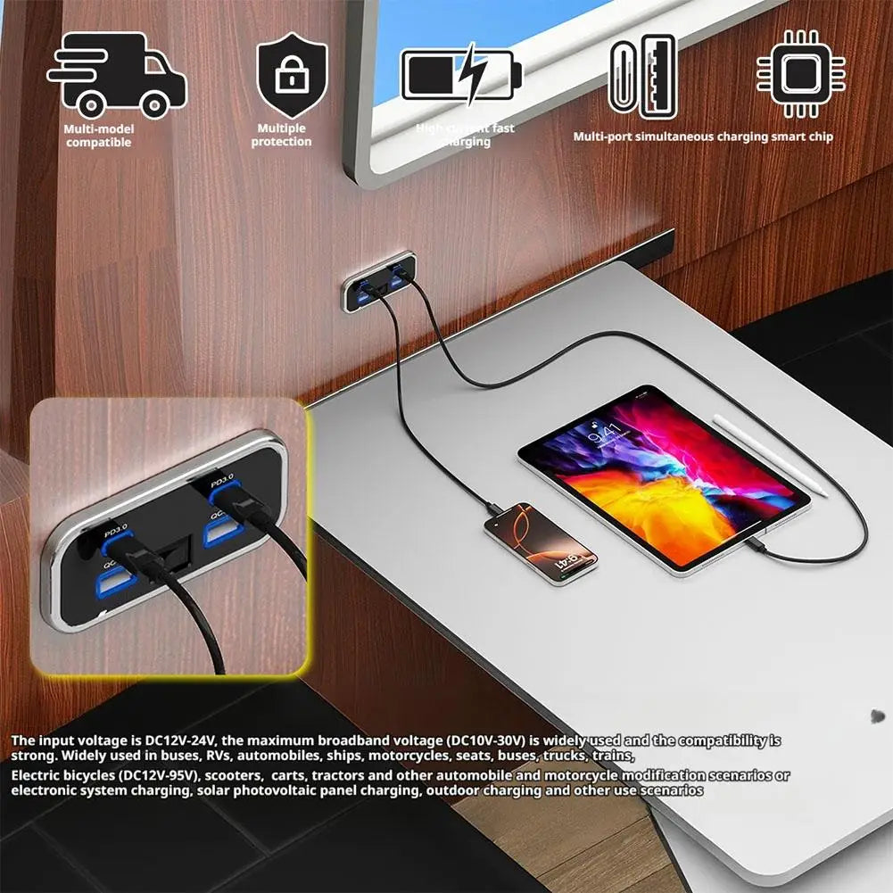 4-Port Car Charger Dual PD3.0 & QC3.0 Fast Charge 12–24V RV