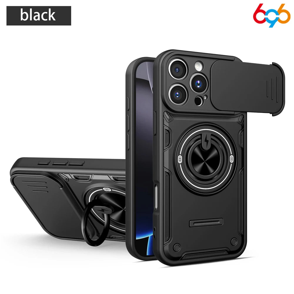 Drop-proof Case For IPhone 17/16 Pro/17 Pro Max Sliding Camera Lens Protector Magnetic Suction Car Ring Holder Hybrid Cover Oasis Select BK iPhone17 Pro