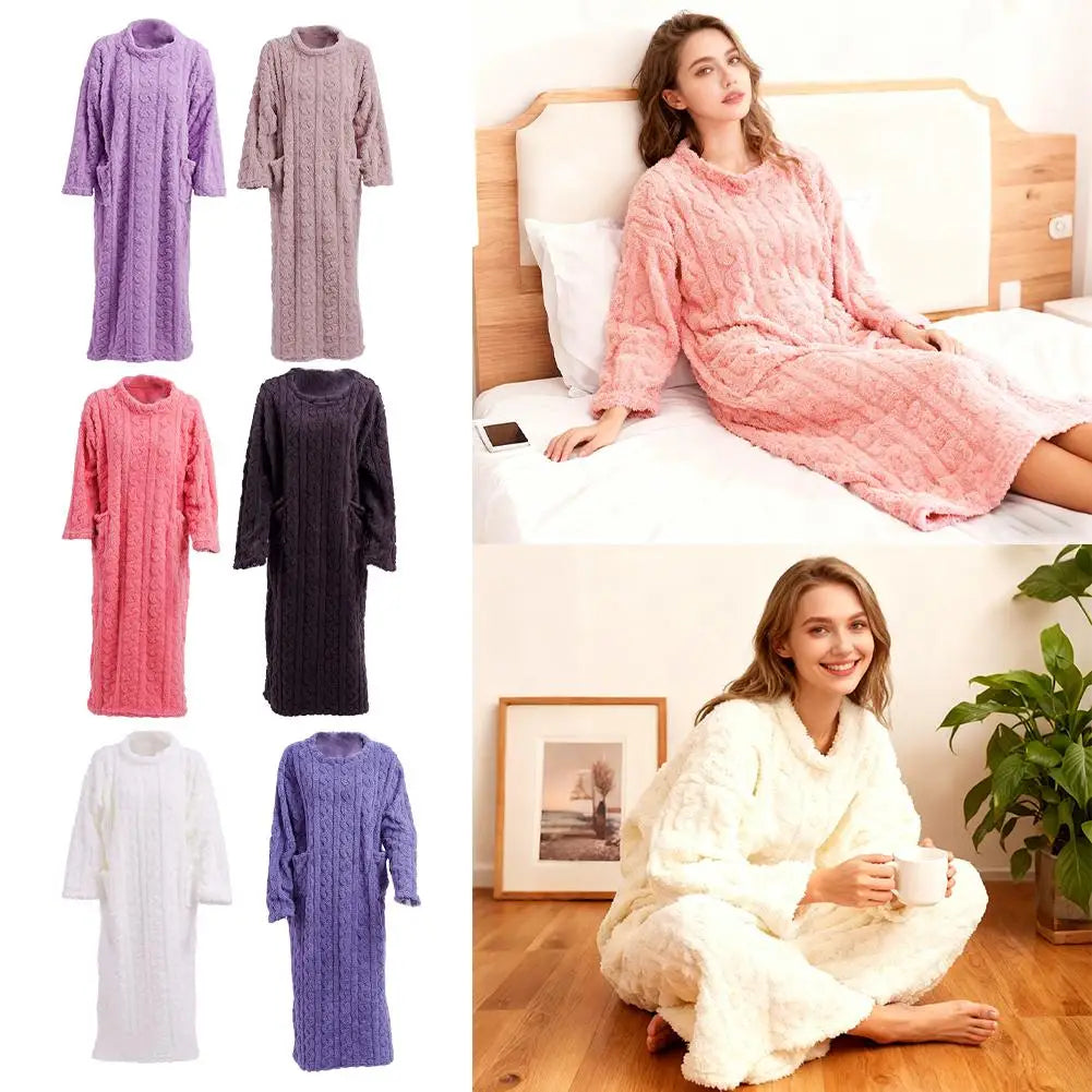 Winter Warm homewear Long Sleeve Double Pocket Flannel Nightgowns Women Loose Solid Sleepwear Jacquard Night Dress Thickened Oasis Select