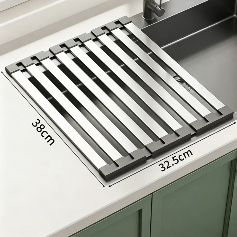 304 Stainless Steel Kitchen Sink Drain Rack Foldable Dish Drainer Rack Rack Sink Bowl and Dish Storage Rack Drying Storage Shelf Oasis Select 38cmx32.5cm