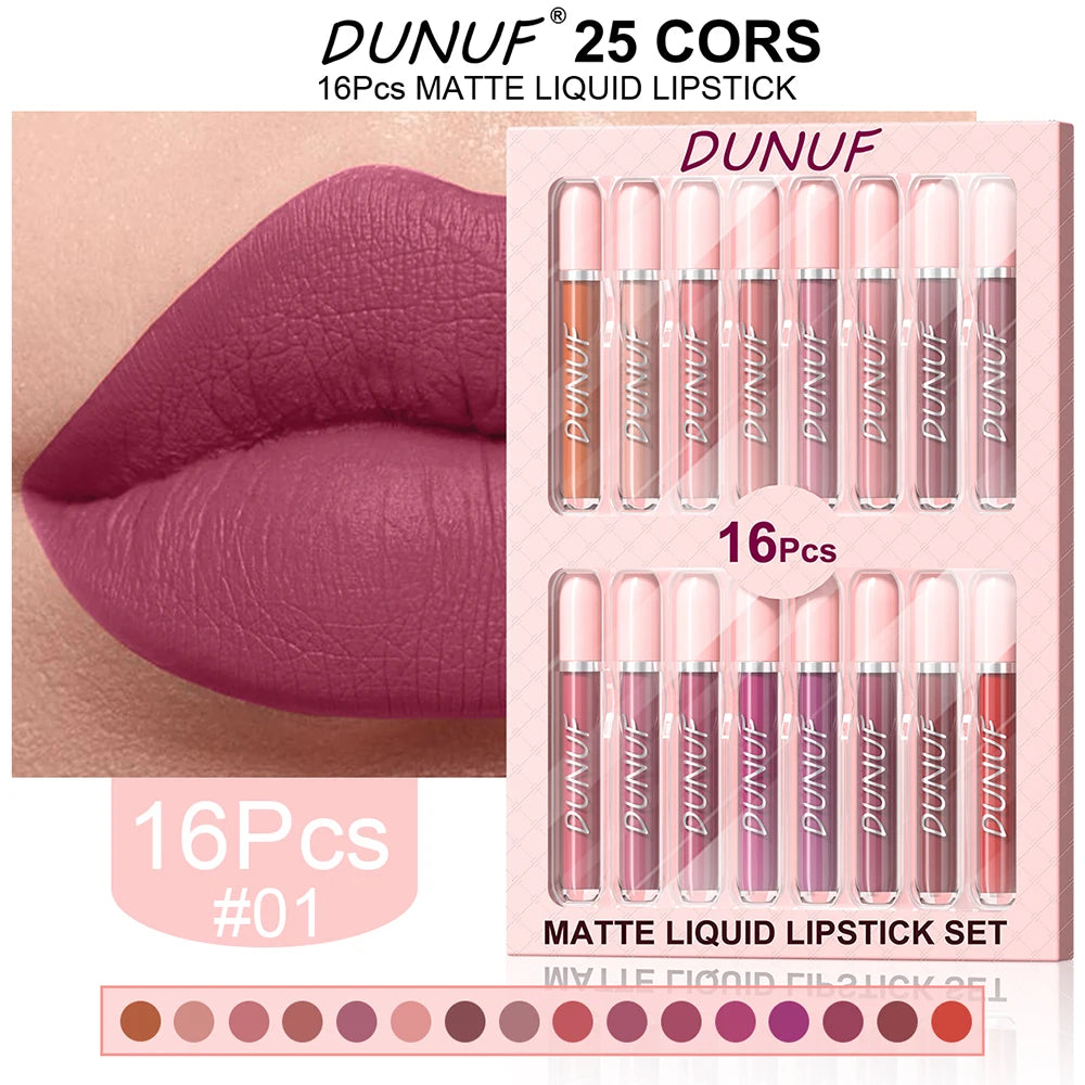 Matte Lip Gloss 16pc/set: Waterproof Lipstick Moisturizing Long Lasting Non-Stick Cup, Nude, Y2K Christmas Valentine's Day Gifts Oasis Select 01