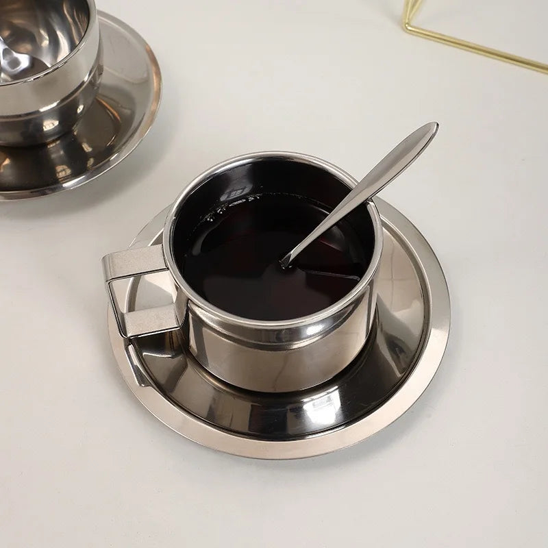 Coffee Cup Set with Spoon and Saucer, Made of 304 Stainless Steel, Double-layer Heat-insulating Mug, for Home, Cafe, Restaurant Oasis Select