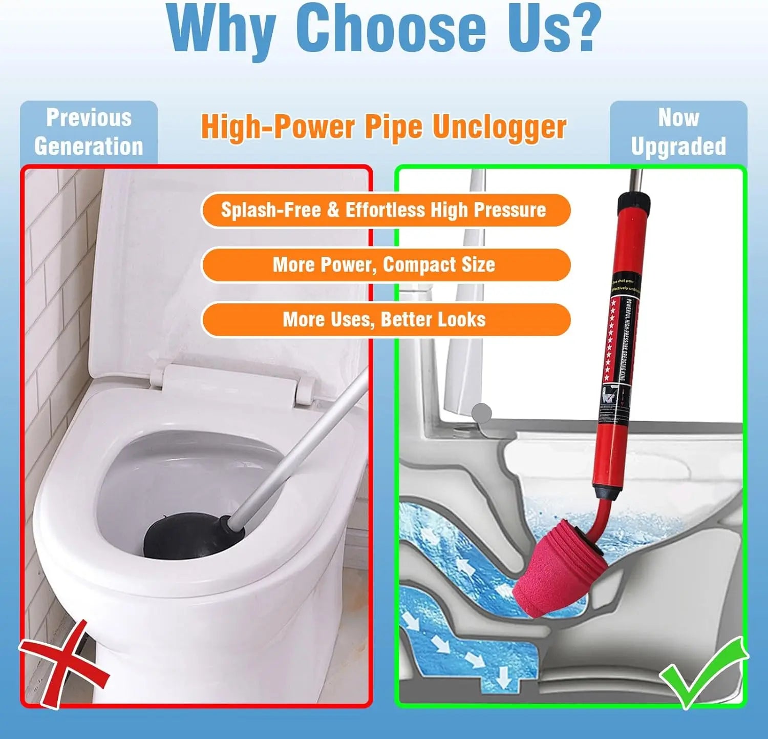 Toilet Plunger Powerful Pneumatic Drain for Clogged Toilets, Instant Unclogger for Paper & Waste, Safe for P Oasis Select