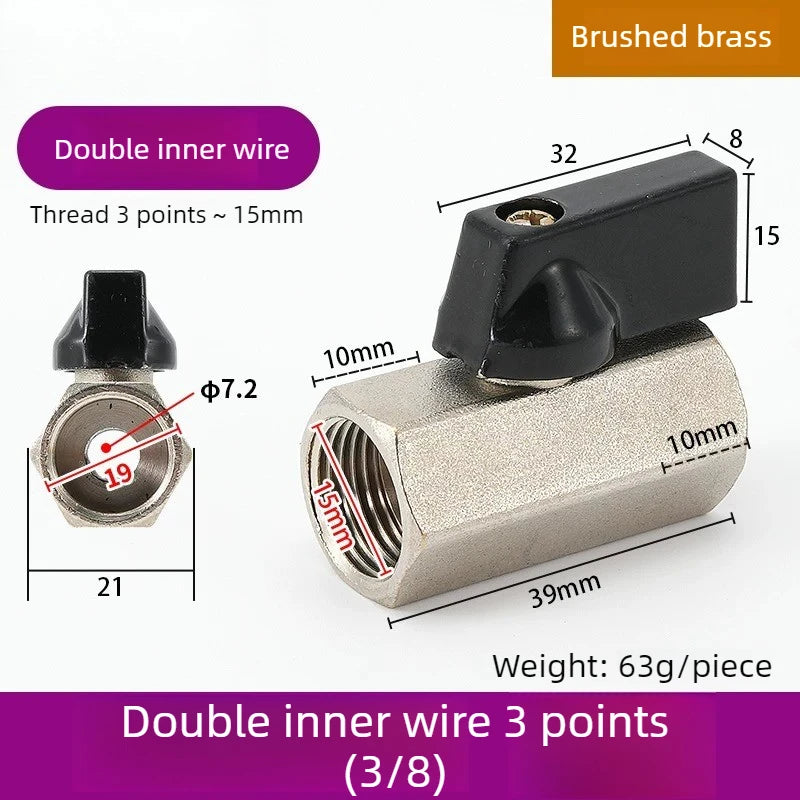 Mini Ball Valve Switch Water Pipe PT1/8, 1/4, 3/8, 1/2 Gas Electric Copper Ball Valve Double Inner and Outer Wire Teeth Oasis Select Double inside 3 A 1PCS