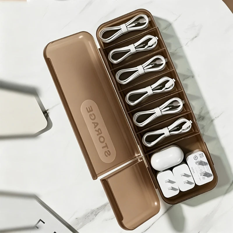 1Pc 7 Compartments Organizer Charger Cord Storage Box Data Cable Storage Case Reusable Cable Storage Box For Home Travel New Oasis Select Brown