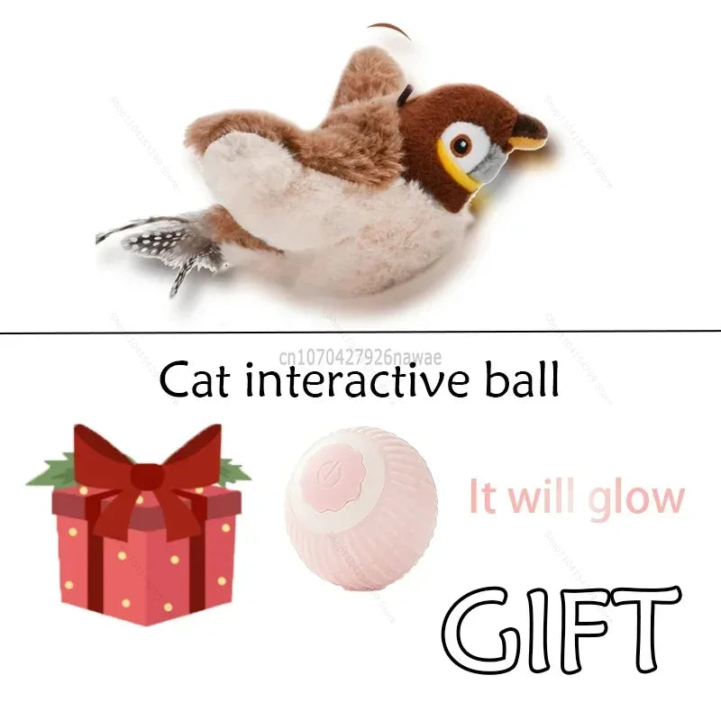 Interactive Cat Toys Rechargeable Electric Chirping Flapping Wings Bird with Catnip Cats Touch-Activated Squeaky Plush Toy Pet Oasis Select Sparrow - Small ball