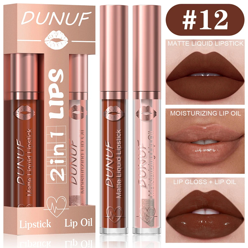 DUNUF Lip Gloss And Lip Oil Set 2-Piece Long-Lasting Waterproof Matte Moisturizing Non-Fading Lipstick Collection Oasis Select 12