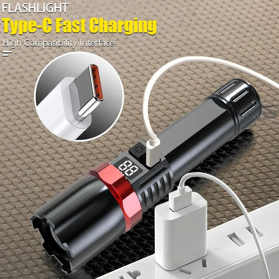 High Power LED Flashlight Powerful USB C Rechargeable Tactical Zoom Flashlight with 3 Gear Outdoor Camping Hiking Fishing Torch Oasis Select