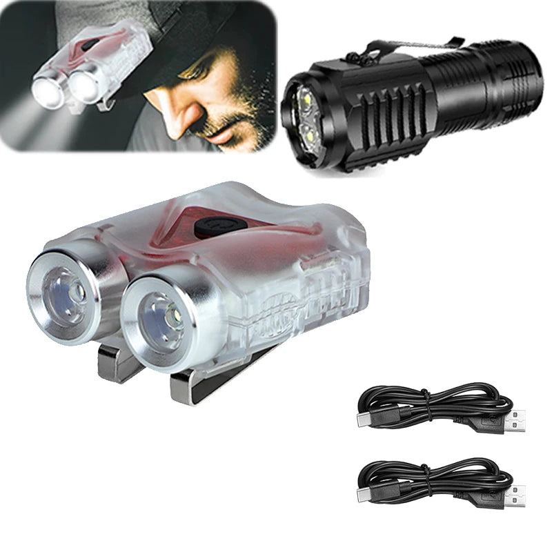 Mini Powerful Handheld Flashlight USB Rechargeable Portable Pen Clip Flashlight Cap Clamp Headlamp Outdoor Camping Fishing Torch Oasis Select Package List