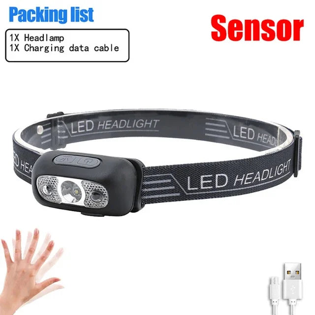 LED Sensor Headlamp USB Rechargeable – 8 Modes, Waterproof