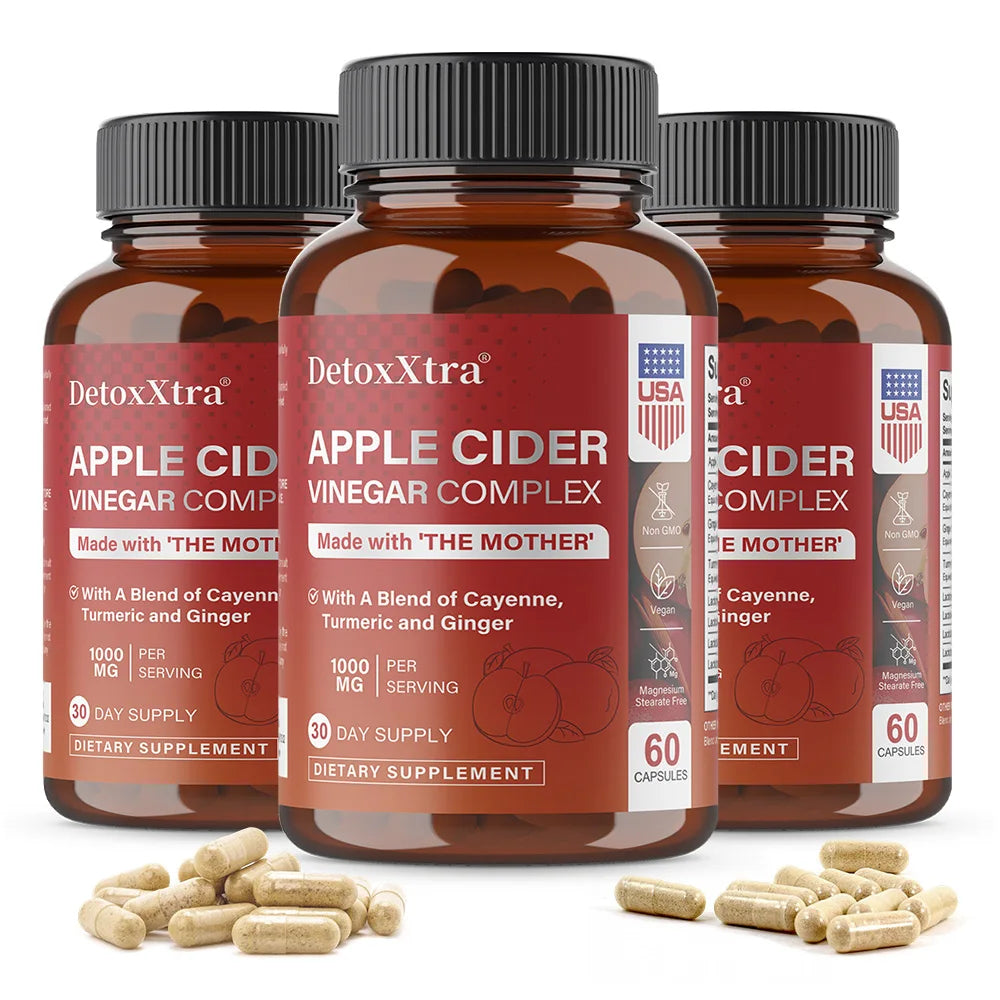 DETOXXTRA Apple Cider Vinegar Capsules 1000mg – 120 Ct ACV Dietary Supplement Oasis Select 60 count-3 bottle