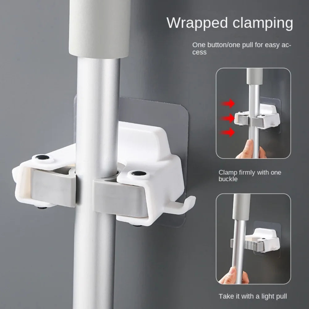 Punch-Free Wall-Mounted Mop Holder Rack with Hook | ABS Clamp Mop Holder Rack Oasis Select