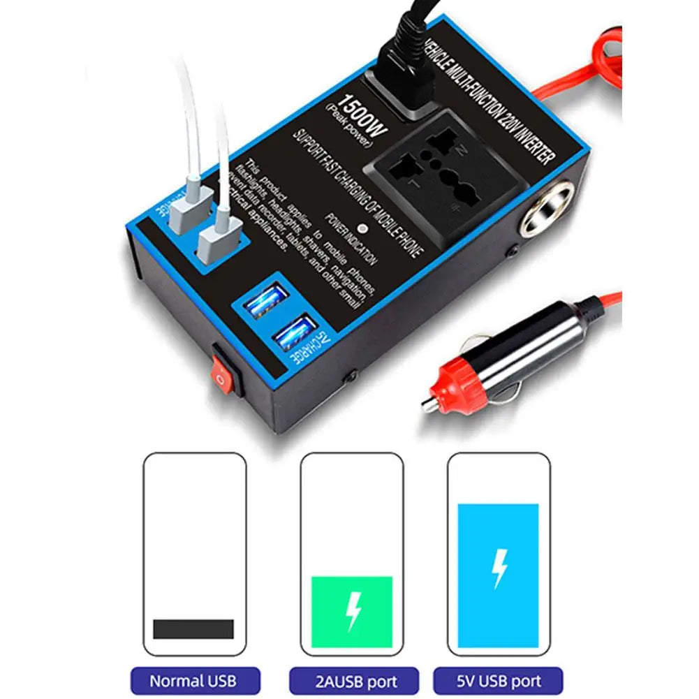 1500W Car Power Inverter 12V/24V to 220V – 4 USB & AC Ports