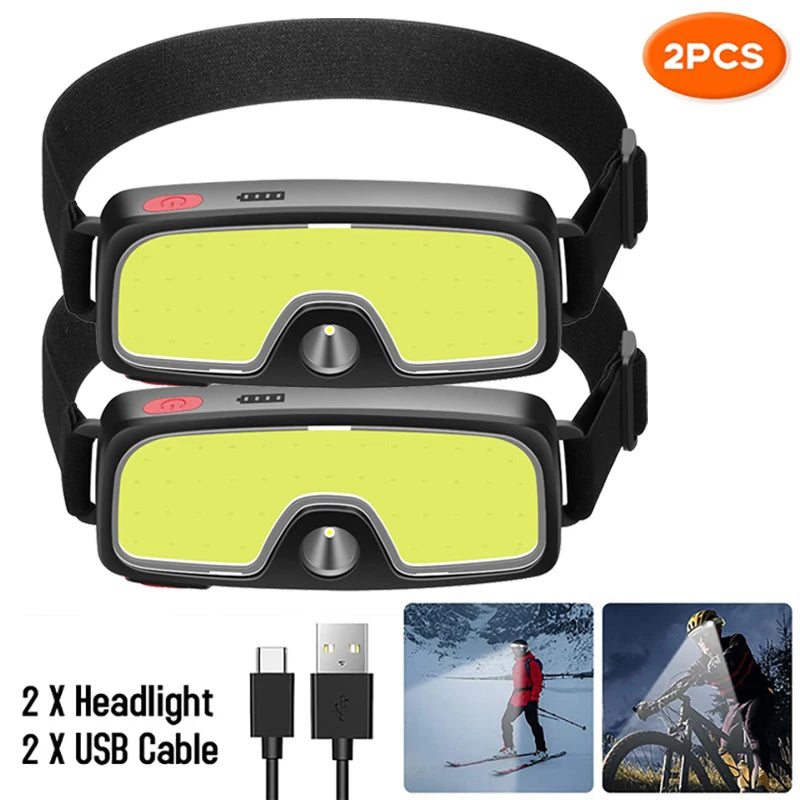 Powerful COB LED Headlamp Type-c Rechargeable Head Flashlight Built-in Battery Outdoor Fishing Camping Lantern Waterproof Torch Oasis Select 2pcs StyleB