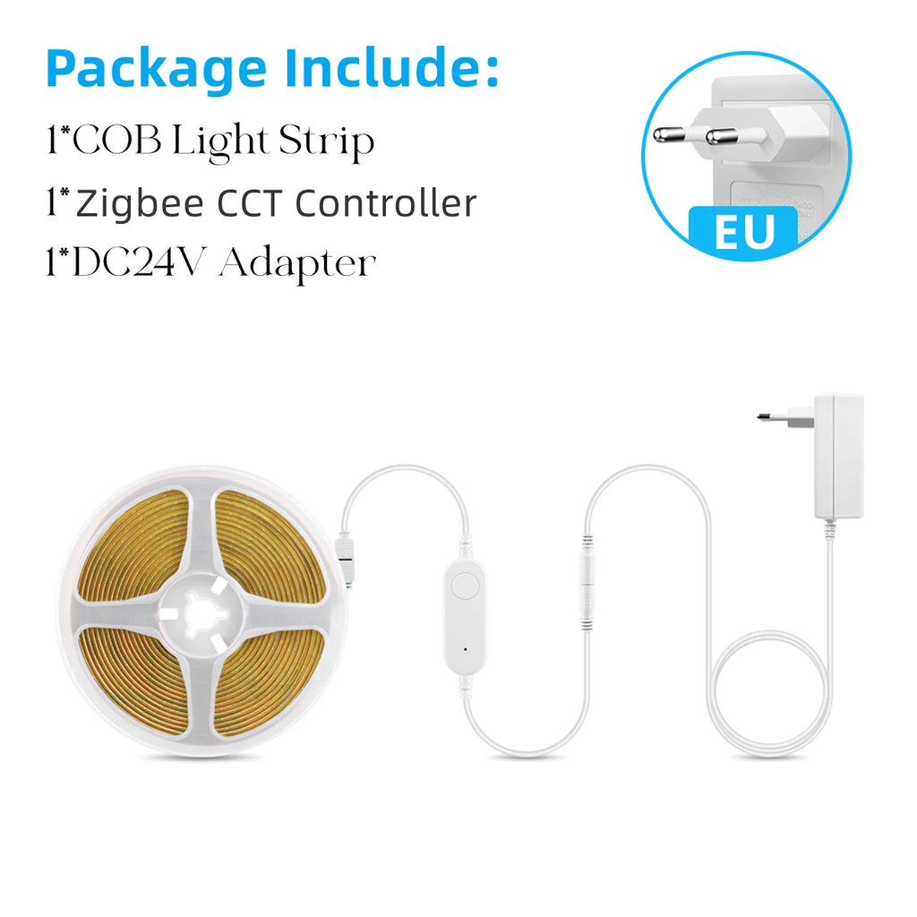 24V Smart Zigbee CCT COB LED Strip Closet Light Changeable 2700K To 6500K Dimmable APP Voice Control,Require ZIgbee 3.0 Gateway Oasis Select European Power Plug 2700K To 6500K 5m kit