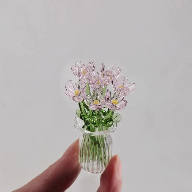 6/7Pcs Mini Lifelike Glass Flowers Simulation Flowers Handcrafted Floral Sculpture Floral Bouquet With Vase Home Decoration Gift Oasis Select A10