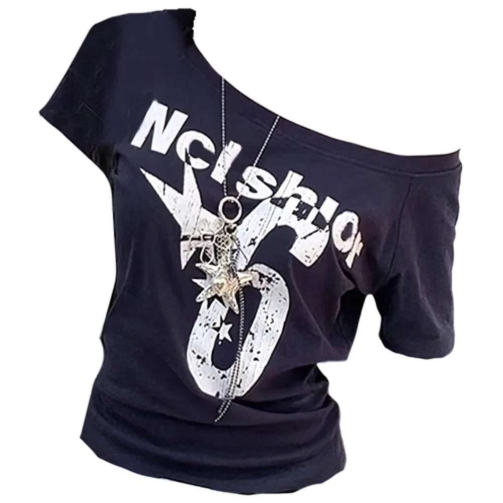 Trendy Y2k Off Shoulder Top Letter Print Body Basic Crop Top Skew Collar Summer Top Vintage Style Oasis Select Dark Blue L