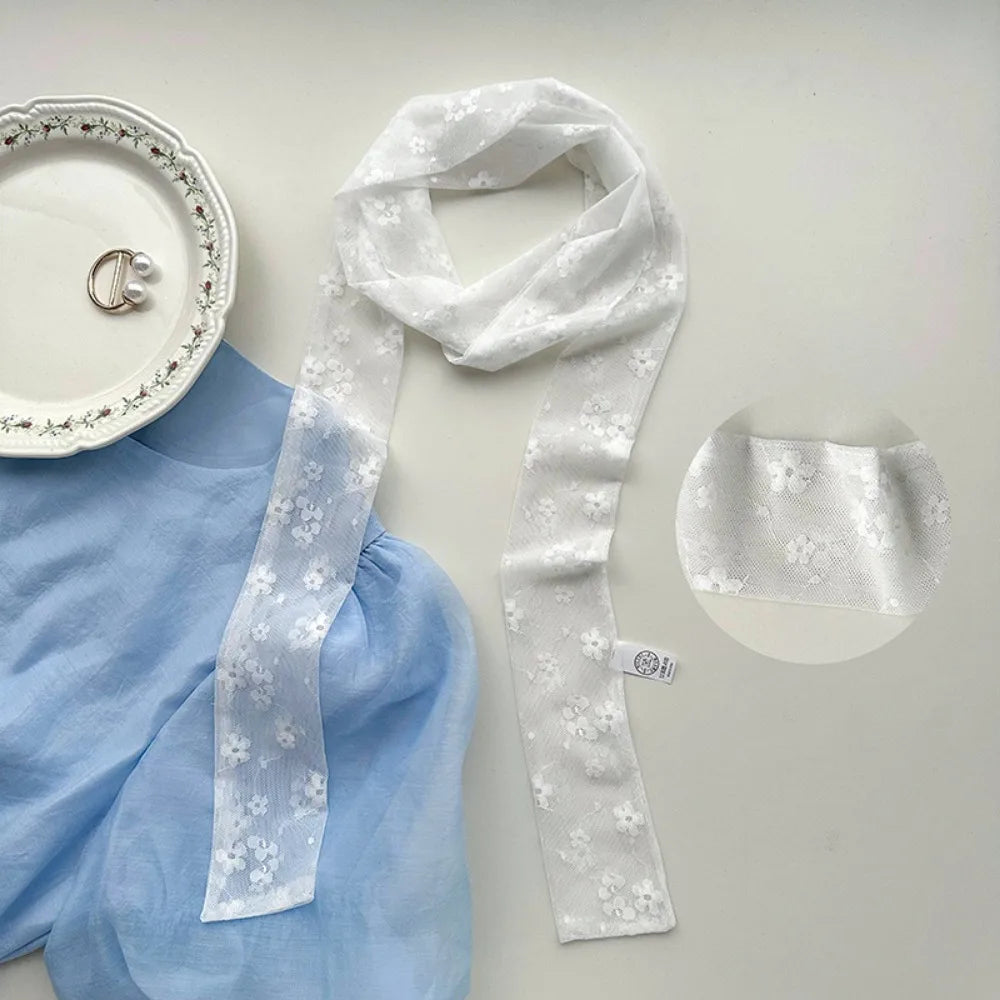 French Style Lace Long Scarf Dots Flower Elegent Hair Band Neckerchief Multi-functional Dressing Decoration Neck Strap Women Oasis Select 4-White