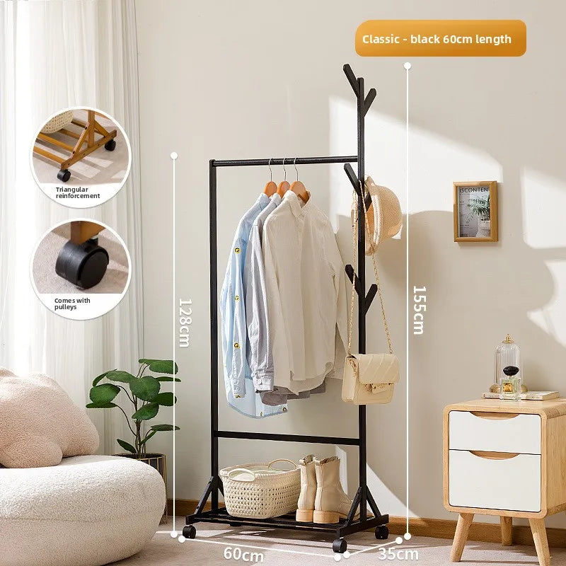 Simple coat rack Hanging hanger Floor to ceiling Living room Bedroom hanger Children's creative solid wooden clothes rack Oasis Select JD black 60