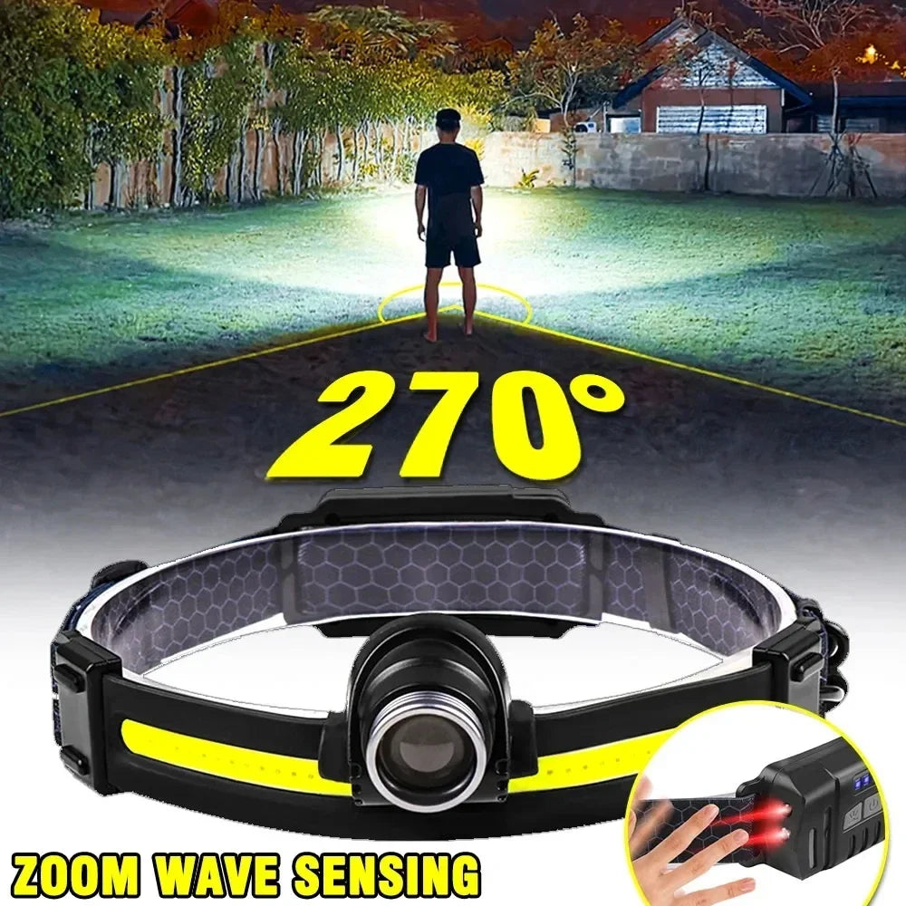 Outdoor Strong Light Sensor Headlight Led Light Zoom Model Large Floodlight COB Head-mounted Fishing Light Running Headlamp Oasis Select