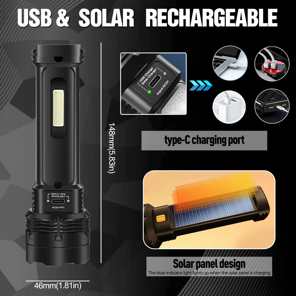 LED Solar Charging Flashlight White/Red/Blue Light USB Rechargeable Super Bright Flashlights Outdoor Emergency Torch 1 Pack Oasis Select