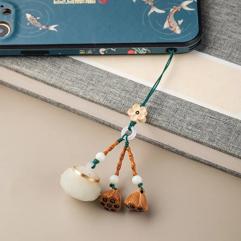Hand Carved Lotus Green Sandalwood Hanging Charm Luminous Aroma Expander Keychain Cute Bag & Phone Decor Oasis Select