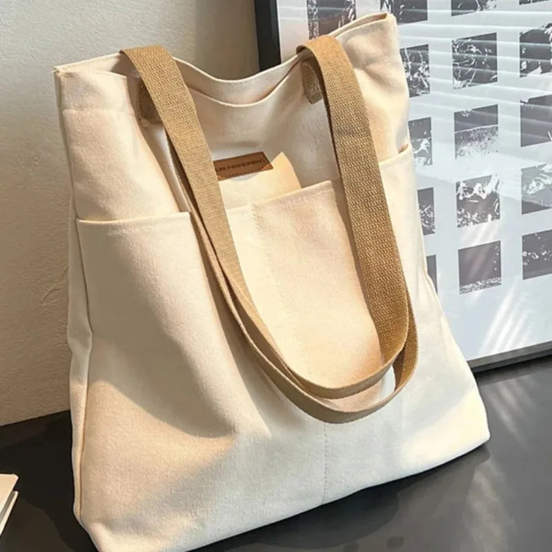 Canvas Tote Bag Large Capacity Sewing Thread Design Luxury Handbag Convenient Practical Commuter Bag for Daily Work Oasis Select