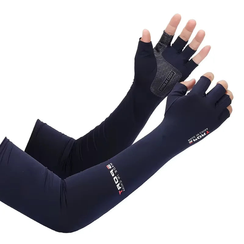 1Pair Sport Arm Sleeves Cycling Running Fishing Climbing Arm Cover Sun UV Protection Ice Cool Sleeves 5 Finger Cuff Oasis Select navy half as picture
