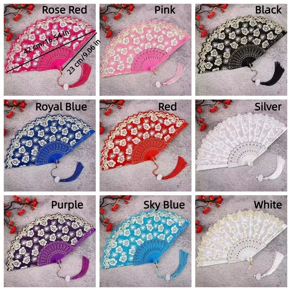 Chinese Folding Fan – Flower Pattern Hanfu Fan with Tassel
