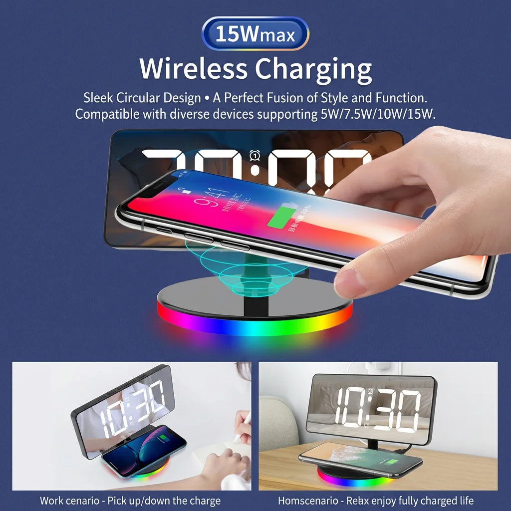 Digital LED Mirror Alarm Clock With 15W Wireless Charging RGB Ambient Night Light Dimmable Large Display for Bedroom Desktop Oasis Select