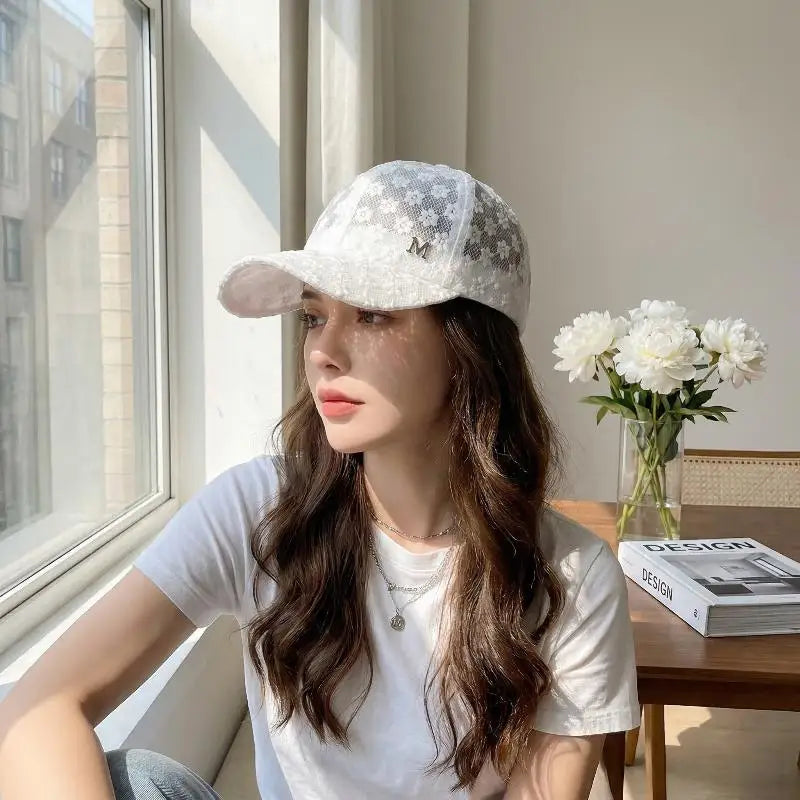 Lace Flower Baseball Cap for Women Adjustable Hollow Thin Summer Hat Breathable Sun Protection for Outdoor Sports Travel Oasis Select