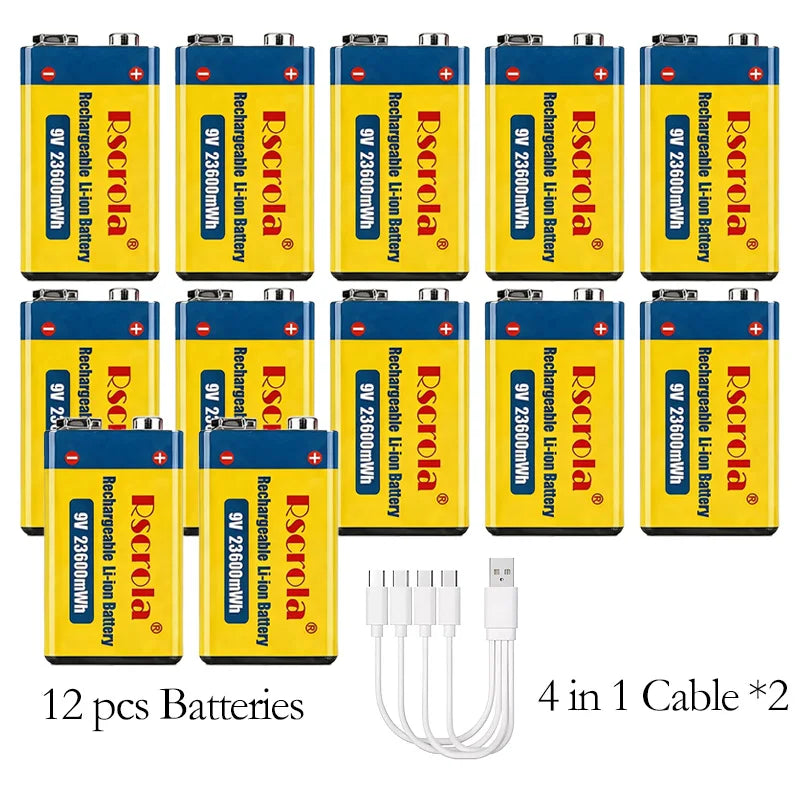 Long-Lasting 9V Lithium ion Rechargeable Battery 23600mWh High Capacity for Guitar Microphone Smoke Detector Pedal with Cable Oasis Select 12 PCS Batteries