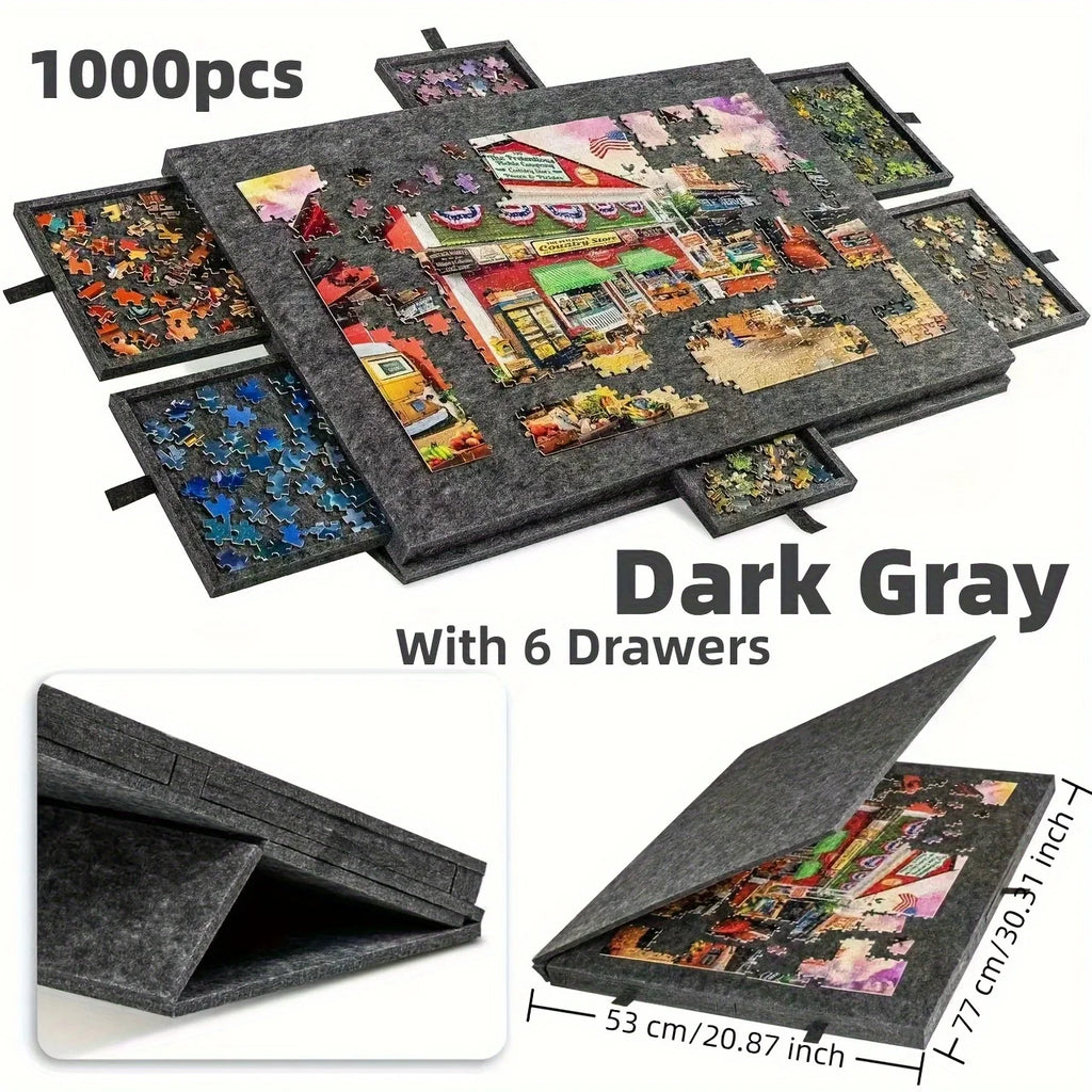 1000pcs Puzzle Board W/6 Sliding Drawers - Portable Non-Slip Organizer, Durable Storage for Home/Travel, Also Decor Panel Oasis Select DARK GRAY
