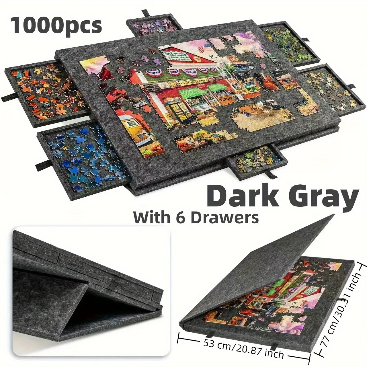 1000pcs Puzzle Board W/6 Sliding Drawers - Portable Non-Slip Organizer, Durable Storage for Home/Travel, Also Decor Panel Oasis Select DARK GRAY