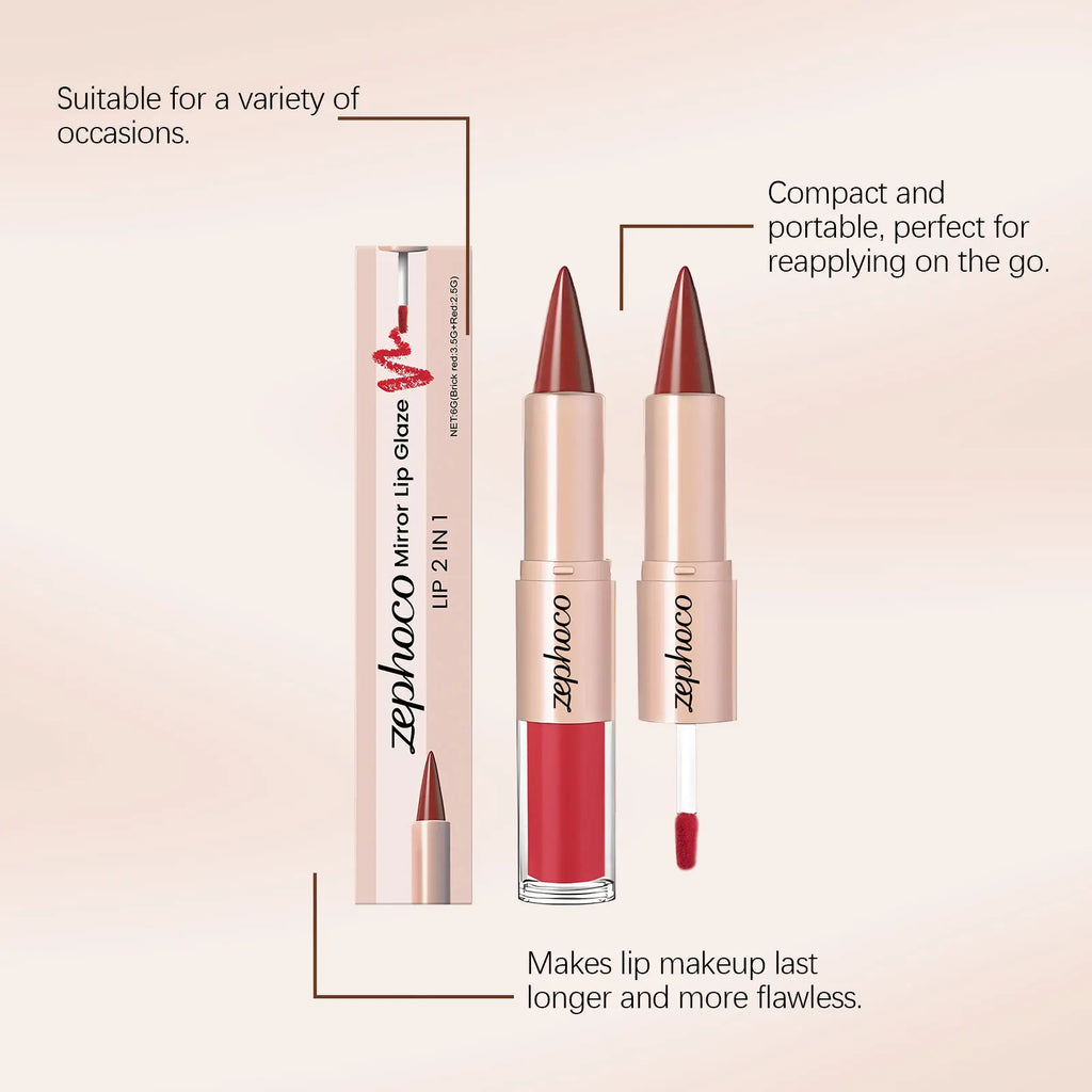 Brick Red 2-in-1 Mirror Lip Gloss & Liner – Long-Lasting