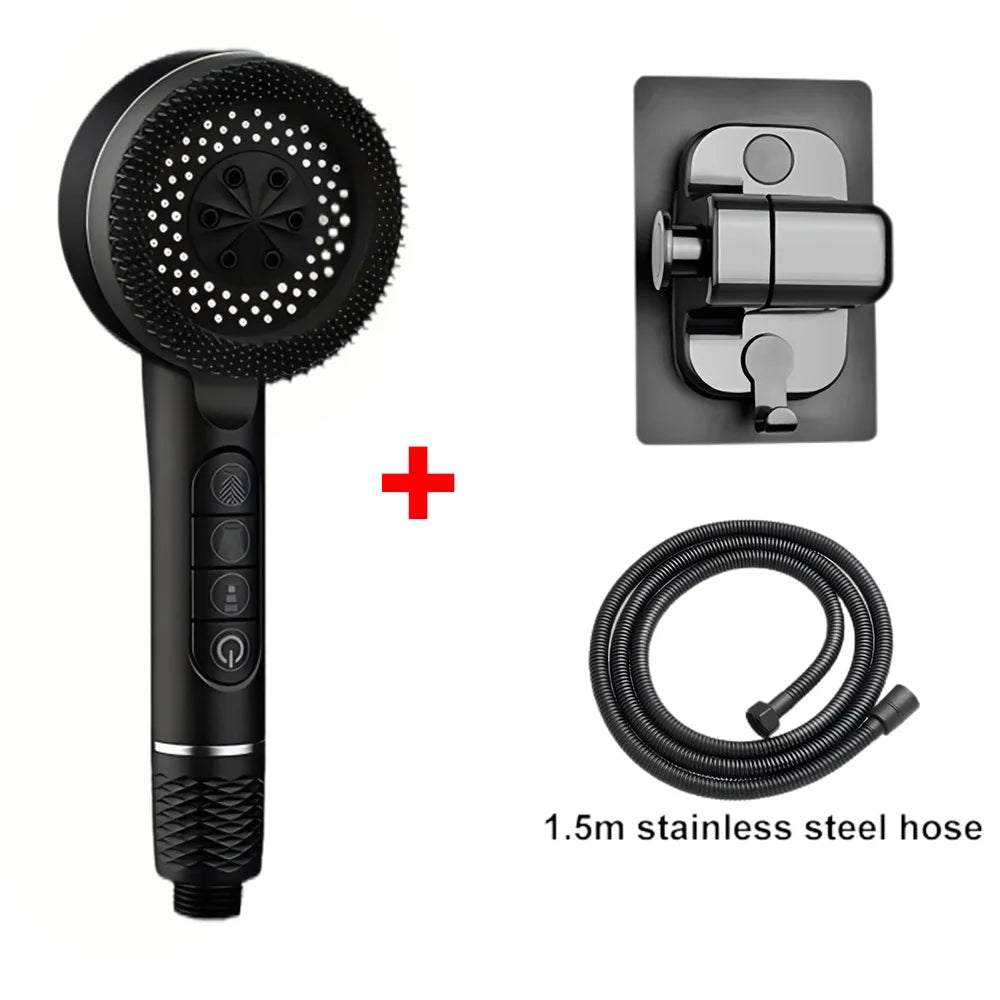 4 Modes Self-cleaning Shower Head with Silicone Brush One-Key Stop Water Massage High Pressure ABS Showerhead with Filter Oasis Select Black Set