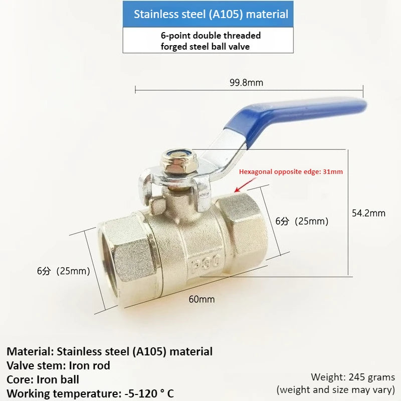 Stainless Steel Double Inner Thread Ball Valve 1/2 "3/4" 1 1.2 1.5 2 Inch BSPT Diameter Ball Valve Water Gas Oil Switch Oasis Select DN20 6 points Double inner thread