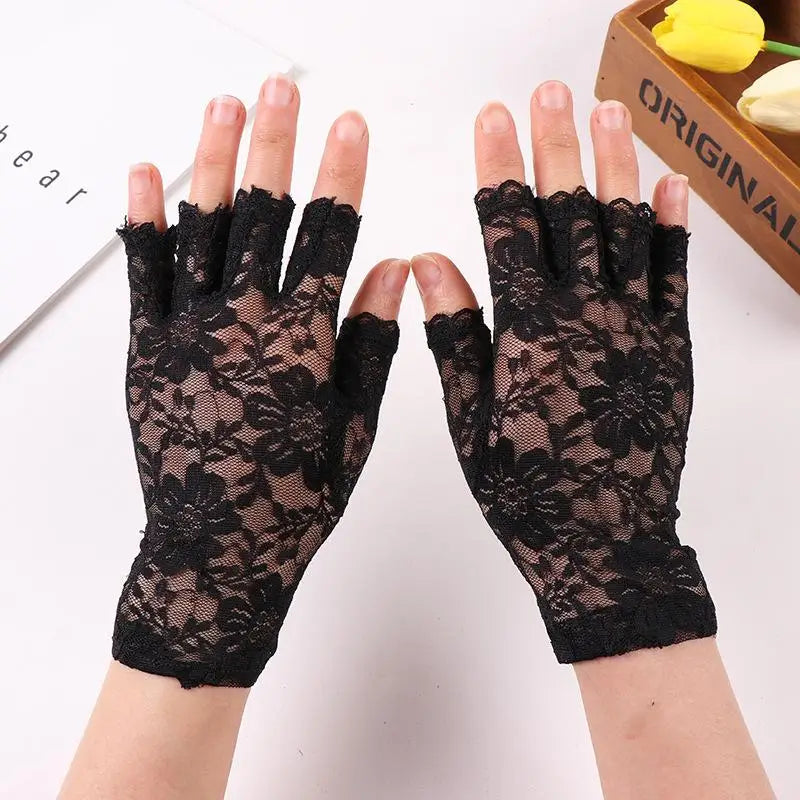 Lace Fingerless Gloves Women Elegant Breathable Bridal Wedding Party Cosplay Driving Fashion Accessory Oasis Select Black