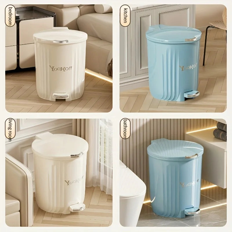 1Pcs Large-Capacity round Foot Pedal Trash Can Lidded Waterproof Waste Bin in Cream & Blue for Office Kitchen Bathroom Oasis Select