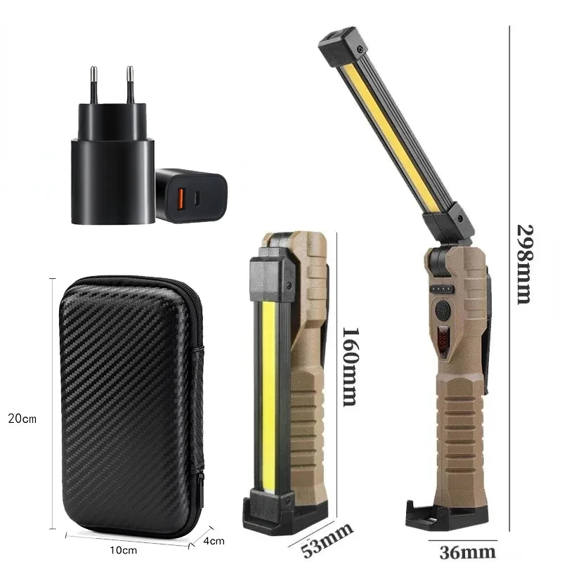 Portable COB High Power LED Flashlight USB Rechargeable Camping Lamp Torch Car Repairing Work Light Hanging Hook Magnet 5 Modes Oasis Select Khaki Set A Built in battery