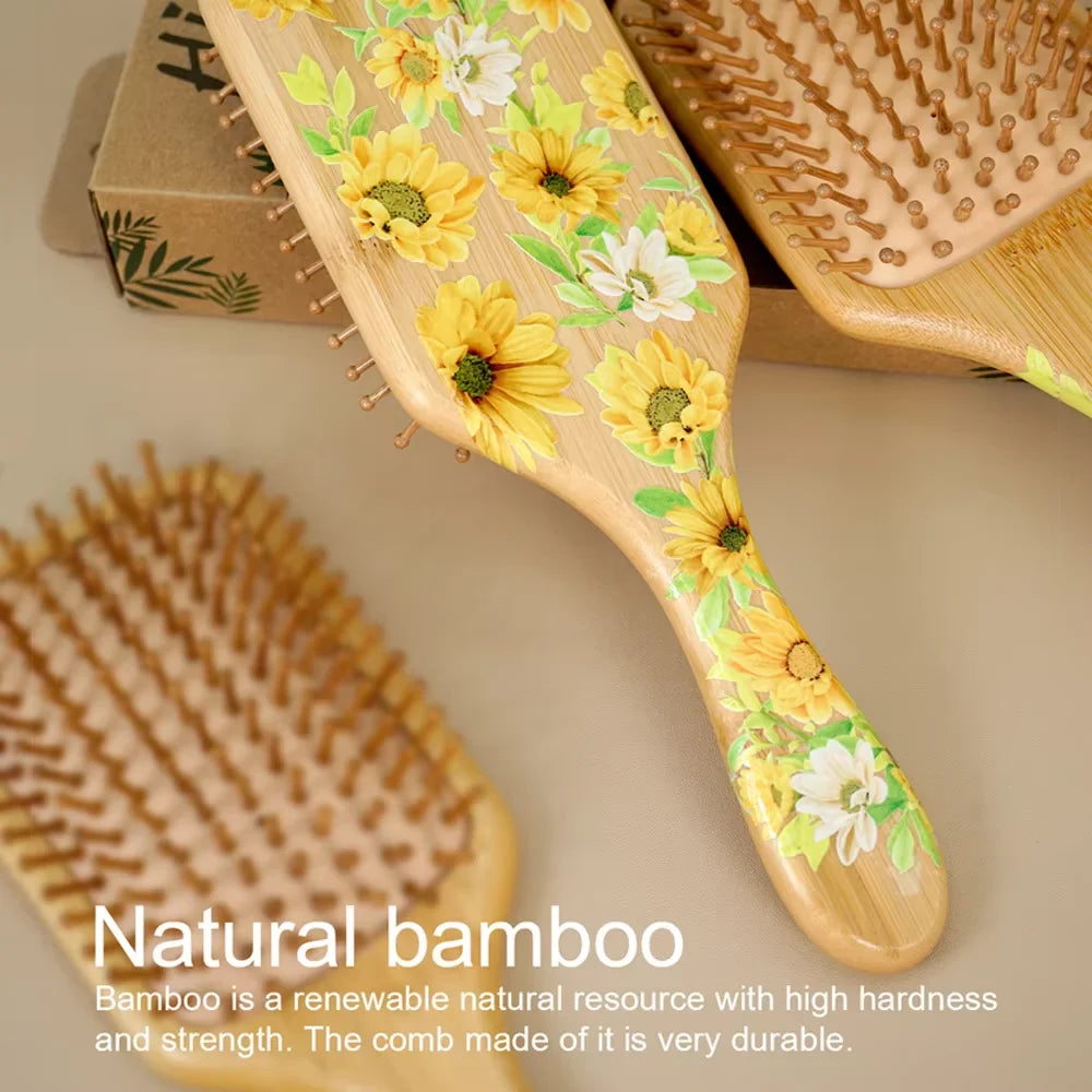 Sunflower Bamboo Air Cushion Hair Brush - Natural Wooden Massage Comb for Hair Care Anti-Static Detangling Styling Gift Oasis Select