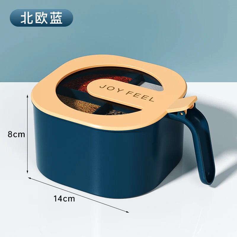 Seasoning Box Suit Four-Grid Kitchen Supplies MSG and Salt Shaker Household Multi-Grid Storage with Lid Condiment Dispenser Oasis Select Blue