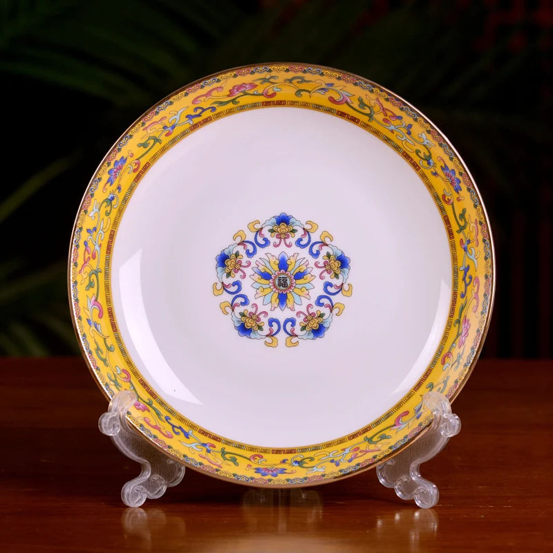 Jingdezhen Ceramic Bowl Household Bowl and Dish Set Tableware Combination Palace Chinese Bowl and Dish Hotel Clubhouse Oasis Select 8-inch Deep Plate